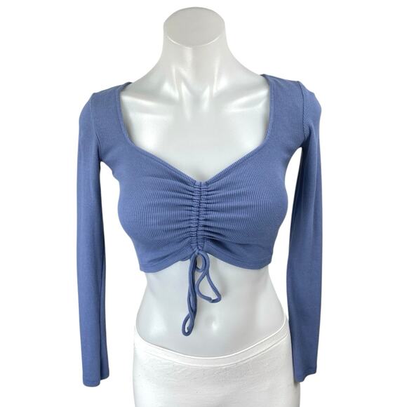 Zara Women's Blue Long Sleeve Ribbed Knit Ruched Tie Front Crop Top Size S - Picture 1 of 4